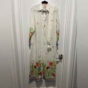 Bella Tu Floral Button-Front Cream Maxi Dress with sash belt